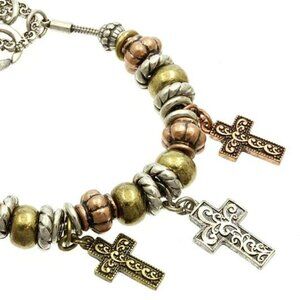 Two Tone Cross Charm Bracelet Silver Gold Copper 7.5-8.5" 3 Crosses Slider Bead